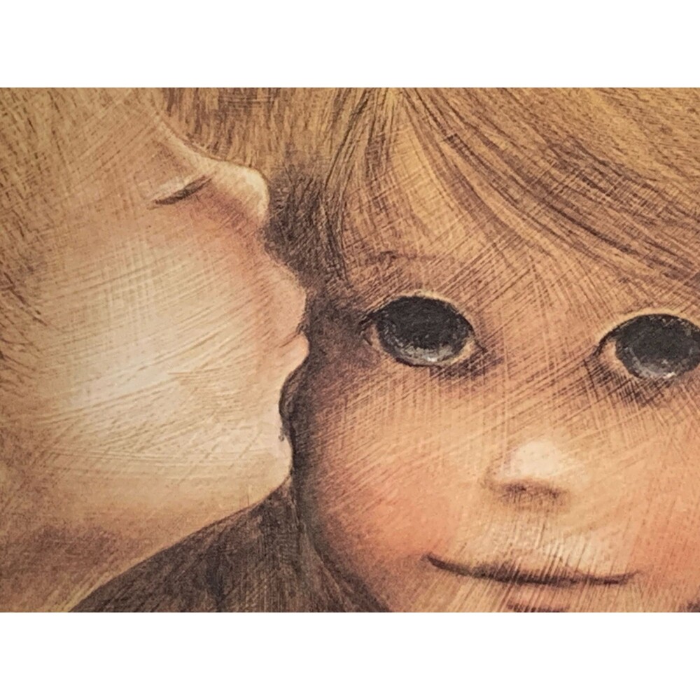 Margaret Kane “A Little Kiss” Vintage Big Eyes Framed Print  MCM 20 x 17 x 1 3/4